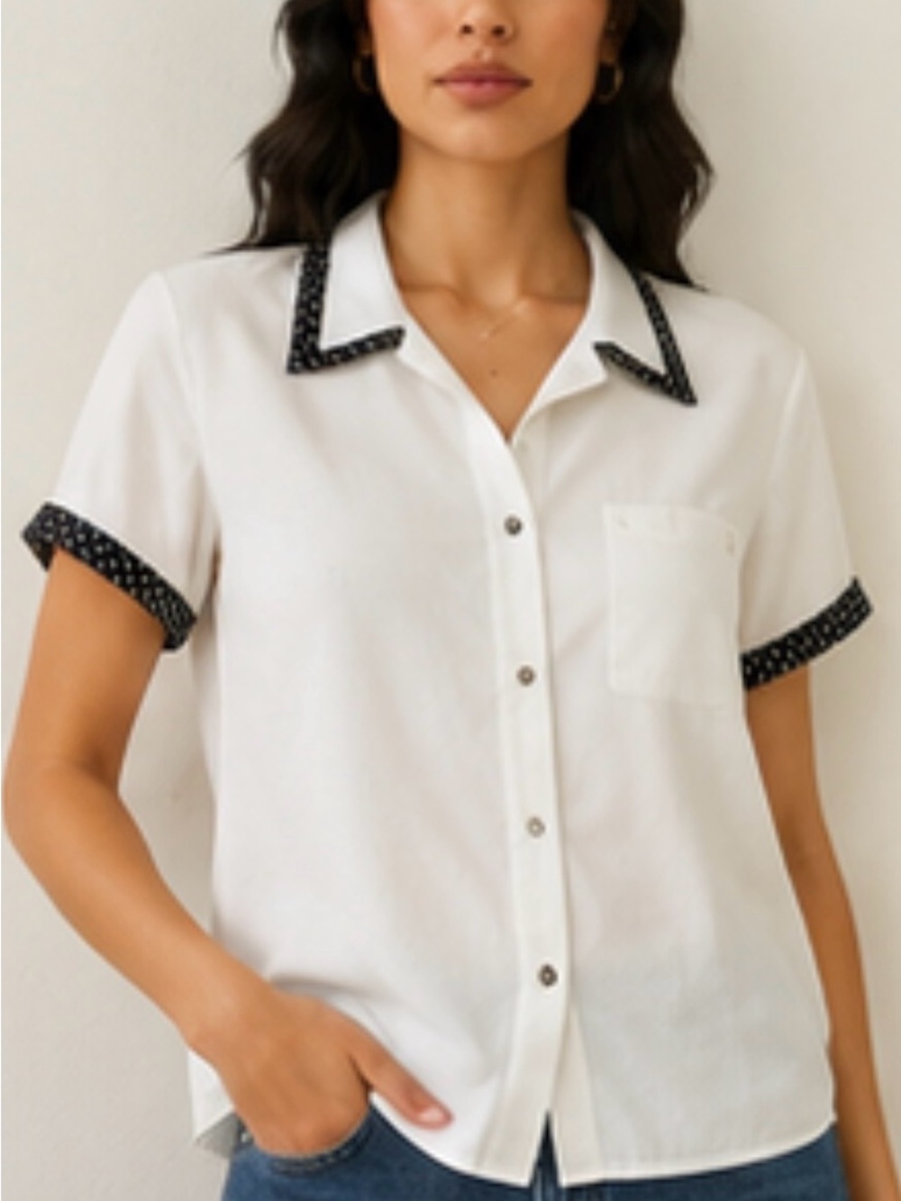 Women's White Short-Sleeve Button-Up Shirt with Black Trim